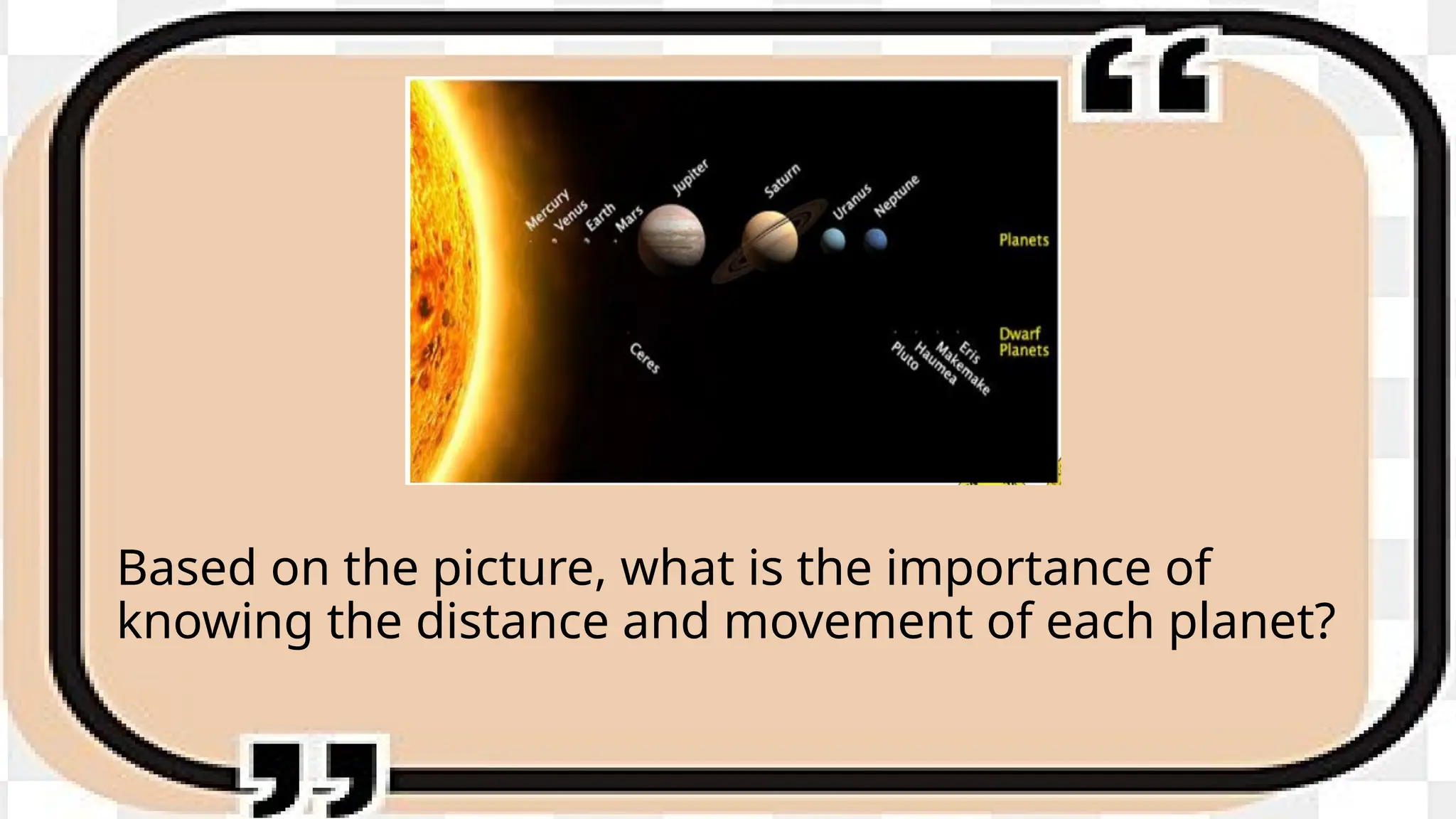 Based on the picture, what is the importance of
knowing the distance and movement of each planet?
 