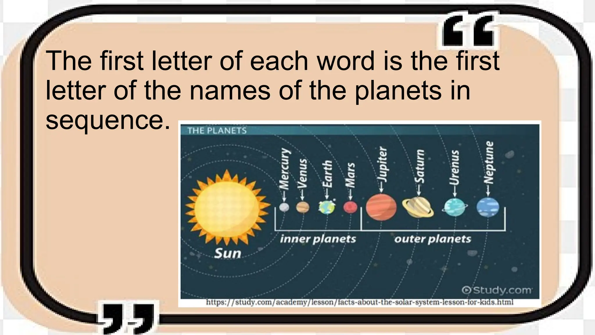 The first letter of each word is the first
letter of the names of the planets in
sequence.
 