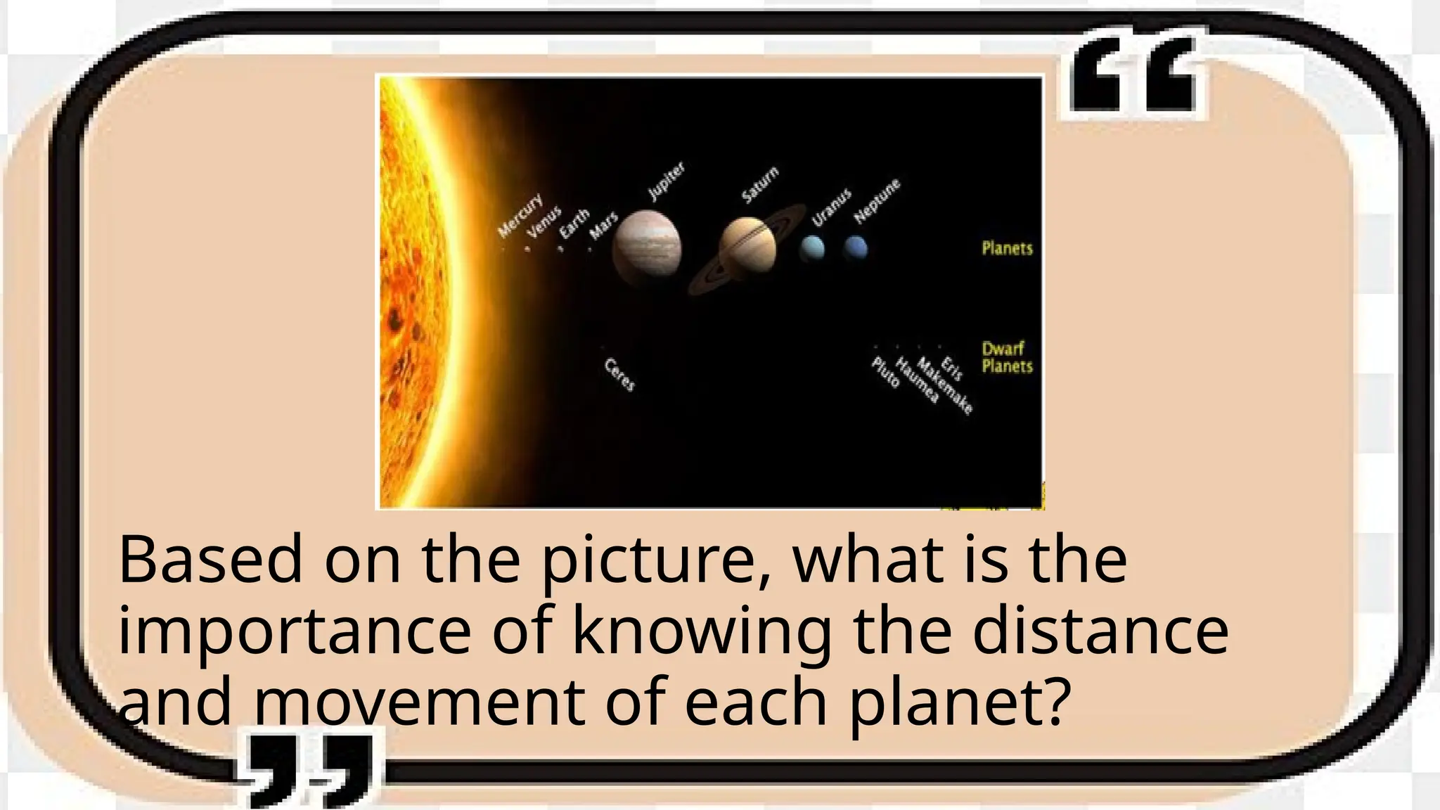 Based on the picture, what is the
importance of knowing the distance
and movement of each planet?
 