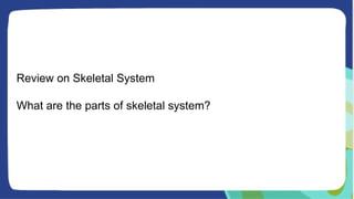Review on Skeletal System
What are the parts of skeletal system?
 