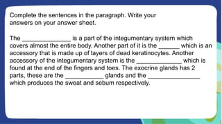 Complete the sentences in the paragraph. Write your
answers on your answer sheet.
The ______________ is a part of the integumentary system which
covers almost the entire body. Another part of it is the ______ which is an
accessory that is made up of layers of dead keratinocytes. Another
accessory of the integumentary system is the _____________ which is
found at the end of the fingers and toes. The exocrine glands has 2
parts, these are the ___________ glands and the _______________
which produces the sweat and sebum respectively.
 