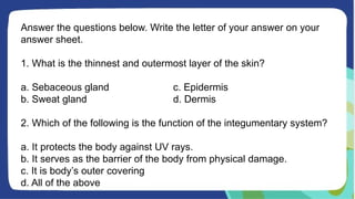 Answer the questions below. Write the letter of your answer on your
answer sheet.
1. What is the thinnest and outermost layer of the skin?
a. Sebaceous gland c. Epidermis
b. Sweat gland d. Dermis
2. Which of the following is the function of the integumentary system?
a. It protects the body against UV rays.
b. It serves as the barrier of the body from physical damage.
c. It is body’s outer covering
d. All of the above
 