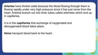 Arteries have thicker walls because the blood flowing through them is
flowing rapidly under very high pressure since it has just come from the
heart. Arteries branch out into tinier tubes called arterioles which end up
in capillaries.
It is in the capillaries that exchange of oxygenated and
deoxygenated blood takes place.
Veins transport blood back to the heart.
 