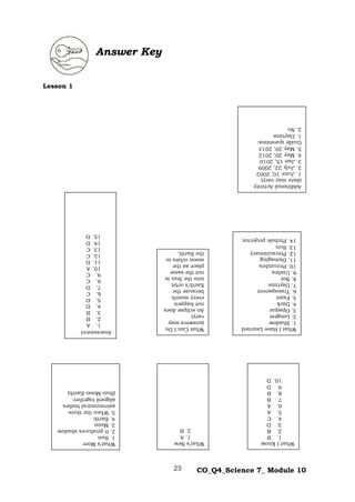 25 CO_Q4_Science 7_ Module 10
What
I
Have
Learned
1.
Shadow
2.
Longest
3.
Opaque
4.
Dark
5.
Faint
6.
Transparent
7.
Daytime
8.
Not
9.
Umbra
10.
Penumbra
11.
Damaging
12.
Precautionary
13.
Sun
14.
Pinhole
projector.
Lesson 1
What
I
Know
1.
B
2.
B
3.
D
4.
C
5.
A
6.
A
7.
B
8.
B
9.
D
10.
D
Assessment
1.
A
2.
B
3.
B
4.
D
5.
D
6.
C
7.
D
8.
C
9.
C
10.
A
11.
D
12.
C
13.
C
14.
D
15.
D
Answer Key
What’s
New
1.
A
2.
B
What’s
More
1.
Sun
2.
It
produces
shadow
3.
Moon
4.
Earth
5.
When
the
three
astronomical
bodies
aligned
together.
(Sun-Moon-Earth)
What
Can
I
Do
(answers
may
vary)
An
eclipse
does
not
happen
every
month
because
the
Earth’s
orbit
into
the
Sun
is
not
the
same
place
as
the
moon
orbits
to
the
Earth.
Additional
Activity
(data
may
vary)
1.
June
10,
2002
2.
July
22,
2009
3.
Jan
15,
2010
4.
May
20,
2012
5.
May
20,
2013
Guide
questions:
1.
Daytime
2.
No
 