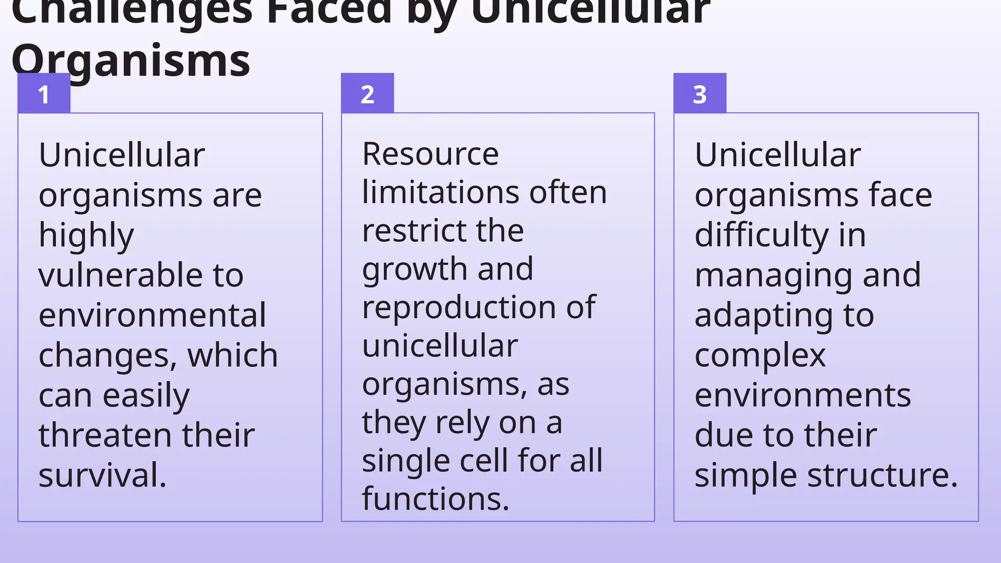 Resource
limitations often
restrict the
growth and
reproduction of
unicellular
organisms, as
they rely on a
single cell for all
functions.
Unicellular
organisms face
difficulty in
managing and
adapting to
complex
environments
due to their
simple structure.
Unicellular
organisms are
highly
vulnerable to
environmental
changes, which
can easily
threaten their
survival.
Challenges Faced by Unicellular
Organisms
1 2 3
 