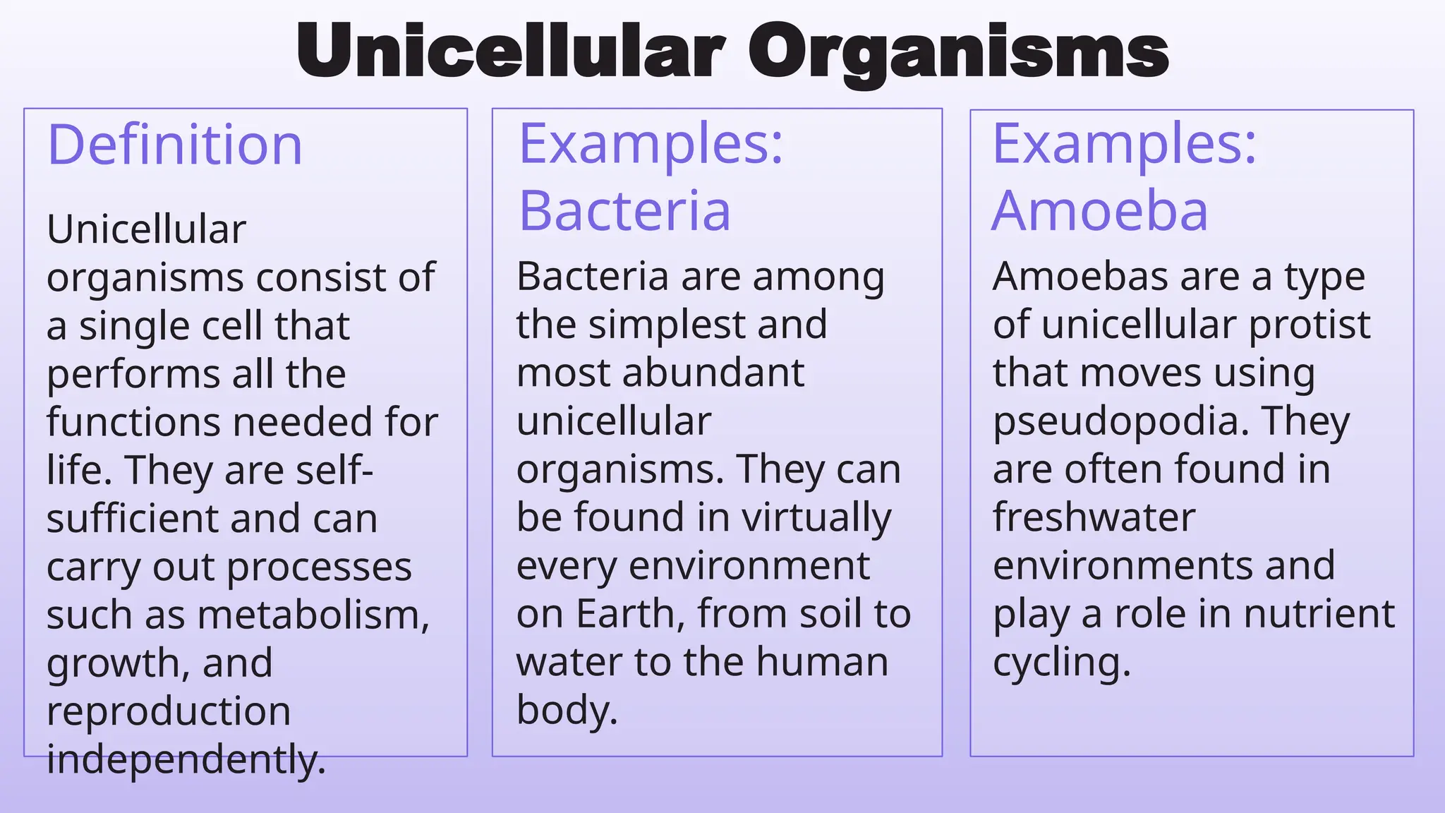 Examples:
Amoeba
Unicellular
organisms consist of
a single cell that
performs all the
functions needed for
life. They are self-
sufficient and can
carry out processes
such as metabolism,
growth, and
reproduction
independently.
Definition Examples:
Bacteria
Unicellular Organisms
Bacteria are among
the simplest and
most abundant
unicellular
organisms. They can
be found in virtually
every environment
on Earth, from soil to
water to the human
body.
Amoebas are a type
of unicellular protist
that moves using
pseudopodia. They
are often found in
freshwater
environments and
play a role in nutrient
cycling.
 