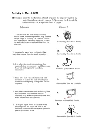 12
Activity 4. Match ME!
Directions: Describe the function of each organ in the digestive system by
matching column A with column B. Write only the letter of the
correct answer on a separate sheet of paper.
Column A Column B
1. This is where the food is mechanically
broken down by chewing chewed pulp and the
tongue helps in pushing the bits and broken
into small pieces for easier digestion. In here,
the saliva softens the food to of food into the
pharynx.
A.
2. It reabsorbs water from undigested food
materials coming from the small intestine.
B.
3. It is where the waste or remaining food
materials that become more solid known as
feces will be temporarily stored and
eliminated
C.
4. It is a tube that connects the mouth and
stomach. It carries the food down to your
stomach for temporary storage and further
digestion.
D.
5. Here, the food is mixed with intestinal juices
which contain enzymes that help in
digestion. It is where the final digestion and
absorption of nutrients happen
E.
6. J-shaped organ found at the end of the
esophagus on the upper left side of the
abdomen or abdominal cavity that produces
gastric juices and acids.
F.
Illustrated by: Rosa Mia L. Pontillo
Illustrated by: Rosa Mia L. Pontillo
Illustrated by: Rosa Mia L. Pontillo
Illustrated by: Rosa Mia L. Pontillo
Illustrated by: Rosa Mia L. Pontillo
Illustrated by: Rosa Mia L. Pontillo
 