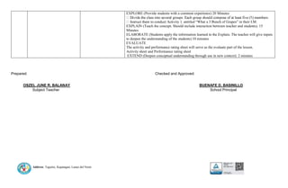 Address: Taguitic, Kapatagan, Lanao del Norte
EXPLORE (Provide students with a common experience) 20 Minutes
ntitled “What a 3 Bunch of Grapes” in their LM.
EXPLAIN (Teach the concept. Should include interaction between teacher and students). 15
Minutes
ELABORATE (Students apply the information learned in the Explain. The teacher will give inputs
to deepen the understanding of the students) 10 minutes
EVALUATE
The activity and performance rating sheet will serve as the evaluate part of the lesson.
Activity sheet and Performance rating sheet
EXTEND (Deepen conceptual understanding through use in new context). 2 minutes
Prepared: Checked and Approved:
OSZEL JUNE R. BALANAY BUENAFE D. BASINILLO
Subject Teacher School Principal
 