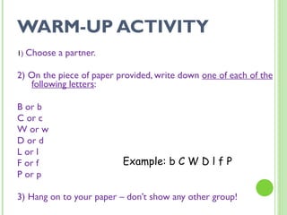 WARM-UP ACTIVITY ,[object Object],[object Object],[object Object],[object Object],[object Object],[object Object],[object Object],[object Object],[object Object],[object Object],Example: b C W D l f P 
