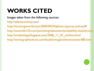 WORKS CITED Images taken from the following sources: http://elleseconomy.com/ http://mcclungsworld.com/2009/09/24/plants-squares-and-stuff/ http://www.life123.com/parenting/education/probability-statistics/probability-problems.shtml http://smabiology.blogspot.com/2008_11_01_archive.html http://www.graphicshunt.com/health/images/chromosome-885.htm 