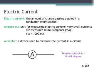 Electric Current Electric current:  the amount of charge passing a point in a conductor every second. Ampere (A):  unit for measuring electric current; very small currents are measured in milliamperes (mA) 1 A = 1000 mA Ammeter:  a device used to measure the current in a circuit p. 284 Ammeter symbol on a circuit diagram 