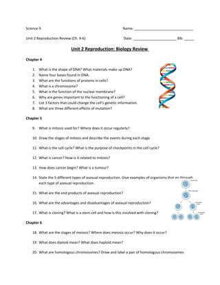 Science 9                                                     Name: ______________________________

Unit 2 Reproduction Review (Ch. 4-6)                          Date: ______________________ Blk: _____

                            Unit 2 Reproduction: Biology Review

Chapter 4

   1.   What is the shape of DNA? What materials make up DNA?
   2.   Name four bases found in DNA.
   3.   What are the functions of proteins in cells?
   4.   What is a chromosome?
   5.   What is the function of the nuclear membrane?
   6.   Why are genes important to the functioning of a cell?
   7.   List 3 factors that could change the cell’s genetic information.
   8.   What are three different effects of mutation?

Chapter 5

   9. What is mitosis used for? Where does it occur regularly?

   10. Draw the stages of mitosis and describe the events during each stage.

   11. What is the cell cycle? What is the purpose of checkpoints in the cell cycle?

   12. What is cancer? How is it related to mitosis?

   13. How does cancer begin? What is a tumour?

   14. State the 5 different types of asexual reproduction. Give examples of organisms that go through
       each type of asexual reproduction.

   15. What are the end products of asexual reproduction?

   16. What are the advantages and disadvantages of asexual reproduction?

   17. What is cloning? What is a stem cell and how is this involved with cloning?

Chapter 6

   18. What are the stages of meiosis? Where does meiosis occur? Why does it occur?

   19. What does diploid mean? What does haploid mean?

   20. What are homologous chromosomes? Draw and label a pair of homologous chromosomes.
 