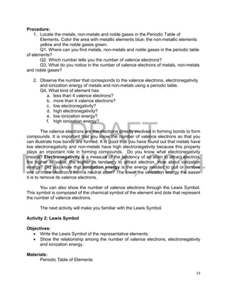 DRAFT
March 31, 2014
23
Procedure:
1. Locate the metals, non-metals and noble gases in the Periodic Table of
Elements. Color the area with metallic elements blue; the non-metallic elements
yellow and the noble gases green.
Q1. Where can you find metals, non-metals and noble gases in the periodic table
of elements?
Q2. Which number tells you the number of valence electrons?
Q3. What do you notice in the number of valence electrons of metals, non-metals
and noble gases?
2. Observe the number that corresponds to the valence electrons, electronegativity
and ionization energy of metals and non-metals using a periodic table.
Q4. What kind of element has:
a. less than 4 valence electrons?
b. more than 4 valence electrons?
c. low electronegativity?
d. high electronegativity?
e. low ionization energy?
f. high ionization energy?
The valence electrons are the electrons directly involved in forming bonds to form
compounds. It is important that you know the number of valence electrons so that you
can illustrate how bonds are formed. It is good that you have found out that metals have
low electronegativity and non-metals have high electronegativity because this property
plays an important role in forming compounds. Do you know what electronegativity
means? Electronegativity is a measure of the tendency of an atom to attract electron,
the higher its value, the higher its tendency to attract electron. How about ionization
energy? Did you know that ionization energy is the energy needed to pull or remove
one or more electron/s from a neutral atom? The lower the ionization energy the easier
it is to remove its valence electrons.
You can also show the number of valence electrons through the Lewis Symbol.
This symbol is composed of the chemical symbol of the element and dots that represent
the number of valence electrons.
The next activity will make you familiar with the Lewis Symbol.
Activity 2: Lewis Symbol
Objectives:
 Write the Lewis Symbol of the representative elements.
 Show the relationship among the number of valence electrons, electronegativity
and ionization energy.
Materials:
Periodic Table of Elements
 