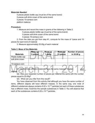 DRAFT
March 31, 2014
68
Materials Needed:
5 pieces plastic bottle cap (must be of the same brand)
5 pieces soft drink crown of the same brand
5 pieces 10-centavo coin
platform balance
Procedure:
1. Measure and record the mass in grams of the following in Table 2:
5 pieces plastic bottle cap (must be of the same brand)
5 pieces soft drink crown of the same brand
5 pieces 10-centavo coin
2. From the data you got from step #1, compute for the mass of 1piece and 15
pieces for each kind of material.
3. Measure approximately 25.00g of each material
Table 2. Mass of the Materials
Materials
Mass (g)
5 pieces
Mass (g)
1 piece
Mass (g)
15 pieces
Number of pieces
in 25.00 g
Plastic bottle cap
soft drink crown
10-centavo coin
Q1. Do the three different materials have the same masses? Explain your
answer.
Q2. Was your expected number of pieces per material the same with the number
pieces equal to 25.00g?
Q3. What can you infer from this result?
You have observed from this activity that although you have the same number of
items, different objects will have different masses. In the same way, one mole of
different substances always contains 6.02 x 10 23
particles but each of these substances
has a different mass. Examine the sample substances in Table 3. You will observe that
each of the substances contains 6.02 x 10 23
particles.
 