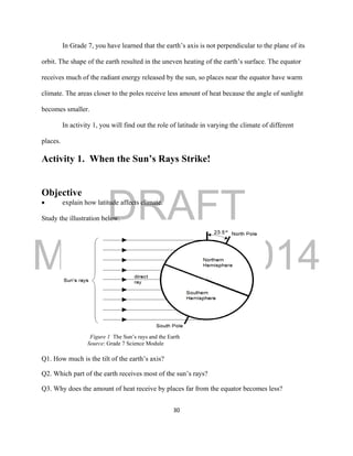 DRAFT
March 31, 2014
30
In Grade 7, you have learned that the earth’s axis is not perpendicular to the plane of its
orbit. The shape of the earth resulted in the uneven heating of the earth’s surface. The equator
receives much of the radiant energy released by the sun, so places near the equator have warm
climate. The areas closer to the poles receive less amount of heat because the angle of sunlight
becomes smaller.
In activity 1, you will find out the role of latitude in varying the climate of different
places.
Activity 1. When the Sun’s Rays Strike!
Objective
 explain how latitude affects climate.
Study the illustration below.
Figure 1 The Sun’s rays and the Earth
Source: Grade 7 Science Module
Q1. How much is the tilt of the earth’s axis?
Q2. Which part of the earth receives most of the sun’s rays?
Q3. Why does the amount of heat receive by places far from the equator becomes less?
 