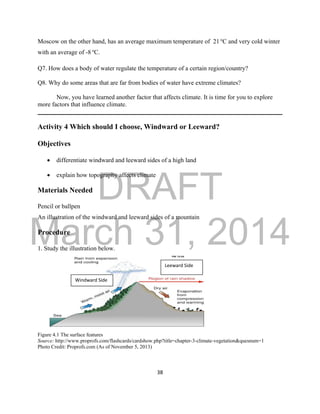 DRAFT
March 31, 2014
38
Moscow on the other hand, has an average maximum temperature of 21 o
C and very cold winter
with an average of -8 o
C.
Q7. How does a body of water regulate the temperature of a certain region/country?
Q8. Why do some areas that are far from bodies of water have extreme climates?
Now, you have learned another factor that affects climate. It is time for you to explore
more factors that influence climate.
Activity 4 Which should I choose, Windward or Leeward?
Objectives
 differentiate windward and leeward sides of a high land
 explain how topography affects climate
Materials Needed
Pencil or ballpen
An illustration of the windward and leeward sides of a mountain
Procedure
1. Study the illustration below.
Figure 4.1 The surface features
Source: http://www.proprofs.com/flashcards/cardshow.php?title=chapter-3-climate-vegetation&quesnum=1
Photo Credit: Proprofs.com (As of November 5, 2013)
Leeward Side
Windward Side
 