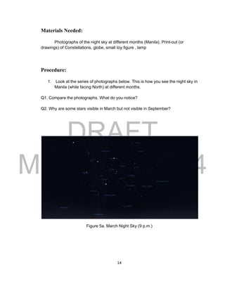 DRAFT
March 31, 2014
14
Materials Needed:
Photographs of the night sky at different months (Manila), Print-out (or
drawings) of Constellations, globe, small toy figure , lamp
Procedure:
1. Look at the series of photographs below. This is how you see the night sky in
Manila (while facing North) at different months.
Q1. Compare the photographs. What do you notice?
Q2. Why are some stars visible in March but not visible in September?
Figure 5a. March Night Sky (9 p.m.)
 