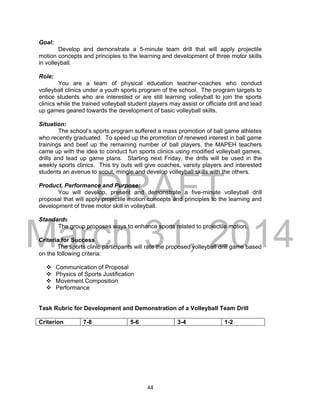 DRAFT
March 31, 2014
44
Goal:
Develop and demonstrate a 5-minute team drill that will apply projectile
motion concepts and principles to the learning and development of three motor skills
in volleyball.
Role:
You are a team of physical education teacher-coaches who conduct
volleyball clinics under a youth sports program of the school. The program targets to
entice students who are interested or are still learning volleyball to join the sports
clinics while the trained volleyball student players may assist or officiate drill and lead
up games geared towards the development of basic volleyball skills.
Situation:
The school’s sports program suffered a mass promotion of ball game athletes
who recently graduated. To speed up the promotion of renewed interest in ball game
trainings and beef up the remaining number of ball players, the MAPEH teachers
came up with the idea to conduct fun sports clinics using modified volleyball games,
drills and lead up game plans. Starting next Friday, the drills will be used in the
weekly sports clinics. This try outs will give coaches, varsity players and interested
students an avenue to scout, mingle and develop volleyball skills with the others.
Product, Performance and Purpose:
You will develop, present and demonstrate a five-minute volleyball drill
proposal that will apply projectile motion concepts and principles to the learning and
development of three motor skill in volleyball.
Standards
The group proposes ways to enhance sports related to projectile motion.
Criteria for Success
The sports clinic participants will rate the proposed volleyball drill game based
on the following criteria:
 Communication of Proposal
 Physics of Sports Justification
 Movement Composition
 Performance
Task Rubric for Development and Demonstration of a Volleyball Team Drill
Criterion 7-8 5-6 3-4 1-2
 