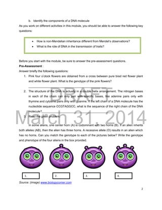 DRAFT
March 31, 2014
2
b. Identify the components of a DNA molecule
As you work on different activities in this module, you should be able to answer the following key
questions:
Before you start with the module, be sure to answer the pre-assessment questions.
Pre-Assessment :
Answer briefly the following questions:
1. Pink four o’clock flowers are obtained from a cross between pure bred red flower plant
and white flower plant. What is the genotype of the pink flowers?
________________________________________________
2. The structure of the DNA is actually in a double helix arrangement. The nitrogen bases
in each of the chain can only pair with specific bases, like adenine pairs only with
thymine and cytosine pairs only with guanine. If the left chain of a DNA molecule has the
nucleotide sequence CCGTAGGCC, what is the sequence of the right chain of the DNA
molecule?___________________________________________
3. Read the given problem.
In some aliens, one center horn (A) is codominant with two horns (B). If an alien inherits
both alleles (AB), then the alien has three horns. A recessive allele (O) results in an alien which
has no horns. Can you match the genotype to each of the pictures below? Write the genotype
and phenotype of the four aliens in the box provided.
Source: (image) www.biologycorner.com
1. 2. 4.3.
 How is non-Mendelian inheritance different from Mendel’s observations?
 What is the role of DNA in the transmission of traits?
 