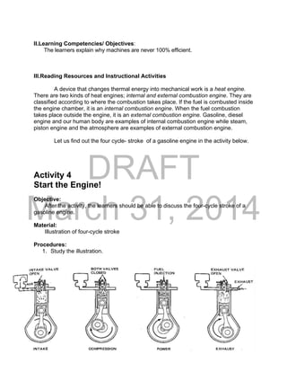 DRAFT
March 31, 2014
13
II.Learning Competencies/ Objectives:
The learners explain why machines are never 100% efficient.
III.Reading Resources and Instructional Activities
A device that changes thermal energy into mechanical work is a heat engine.
There are two kinds of heat engines; internal and external combustion engine. They are
classified according to where the combustion takes place. If the fuel is combusted inside
the engine chamber, it is an internal combustion engine. When the fuel combustion
takes place outside the engine, it is an external combustion engine. Gasoline, diesel
engine and our human body are examples of internal combustion engine while steam,
piston engine and the atmosphere are examples of external combustion engine.
Let us find out the four cycle- stroke of a gasoline engine in the activity below.
Activity 4
Start the Engine!
Objective:
After the activity, the learners should be able to discuss the four-cycle stroke of a
gasoline engine.
Material:
Illustration of four-cycle stroke
Procedures:
1. Study the illustration.
Figure 5. The four cycle-stroke of gasoline engine ( to the artist, please redraw)
 