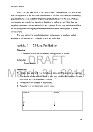 DRAFT
March 31, 2014
Learner’s Module
14
Many changes take place in the communities. You may have noticed that the
natural vegetation in the area has been cleared. Concrete structures and increasing
populations of people and other organisms gradually take over the area. Perhaps
some areas were destroyed by natural disasters or by human activities. Just as
vegetation changes, animal populations also change. These may have major effects
on the ecosystem causing replacement of communities or development of a new
environment.
The next part of the module is basically a discussion of local and global
environmental issues that contributed to species extinction.
Activity 5 Making Predictions
Objective:
o Determine differences between two hypothetical islands
Materials:
Paper & pencil
Procedure:
1. Imagine that you and your friends are being sent to explore two islands.
The islands are very similar in size, age, and location. But one has human
population and the other does not have.
2. Predict what you will see in each island.
3. Tabulate your predictions as shown below.
Island A Island B
1.
2.
1.
2.
 