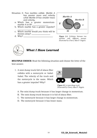 14 CO_Q4_Science9_ Module3
Situation 3: Two marbles collide. Marble A
has greater mass and velocity
while Marble B has smaller mass
and velocity.
a. Which has a greater momentum-
marble A or B? ________________
b. Which marble has a greater impulse?
________________
c. Which marble would you think will be
thrown away? ___________________
d. Why? ______________________________
What I Have Learned
MULTIPLE CHOICE: Read the following situation and choose the letter of the
best answer.
1. A mini dump truck full of abaca fiber
collides with a motorcycle or habal-
habal. The velocity of the truck and
the motorcycle is the same. Which
has a greater impulse? Why?
A. The mini dump truck because it has larger change in momentum.
B. The mini dump truck because it is full of abaca fiber.
C. The motorcycle because it has larger change in momentum.
D. The motorcycle because it has lesser mass.
 