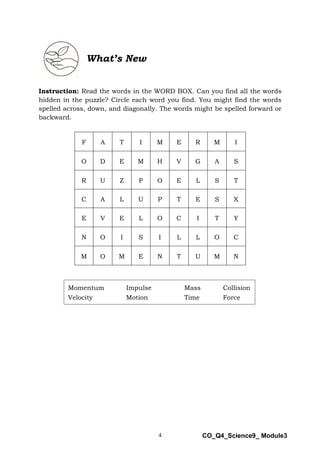 4 CO_Q4_Science9_ Module3
What’s New
Instruction: Read the words in the WORD BOX. Can you find all the words
hidden in the puzzle? Circle each word you find. You might find the words
spelled across, down, and diagonally. The words might be spelled forward or
backward.
F A T I M E R M I
O D E M H V G A S
R U Z P O E L S T
C A L U P T E S X
E V E L O C I T Y
N O I S I L L O C
M O M E N T U M N
Momentum Impulse Mass Collision
Velocity Motion Time Force
 