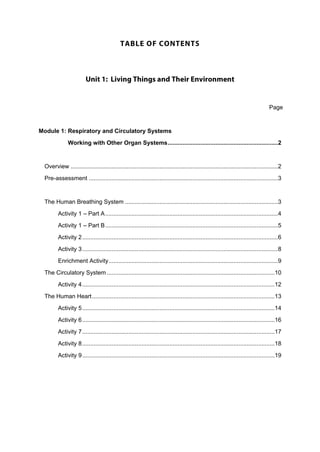 Page
Module 1: Respiratory and Circulatory Systems
Working with Other Organ Systems...................................................................2
Overview ..............................................................................................................................2
Pre-assessment ...................................................................................................................3
The Human Breathing System .............................................................................................3
Activity 1 – Part A.........................................................................................................4
Activity 1 – Part B.........................................................................................................5
Activity 2.......................................................................................................................6
Activity 3.......................................................................................................................8
Enrichment Activity.......................................................................................................9
The Circulatory System ......................................................................................................10
Activity 4.....................................................................................................................12
The Human Heart...............................................................................................................13
Activity 5.....................................................................................................................14
Activity 6.....................................................................................................................16
Activity 7.....................................................................................................................17
Activity 8.....................................................................................................................18
Activity 9.....................................................................................................................19
 