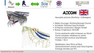 Nemetschek Scia – Rudi Vanmechelen 19
 Maître d’ouvrage: Worthing Borough Council
 Architecte: Wilkinson Eyre Architects
 Entreprise construction: Morgan Sindall
 Bureau d’ingénieurs: AECOM
Nouvelles piscines (Worthing – G-Bretagne)
Forme représente sable et épaves sur littoral
Forme complexe métallique au centre
Poutres double-courbure asymétriques
Portées > 50 m
Modélisation dans Rhino et Revit
Dimensionnement avancé acier Scia Engineer
Echange données par IFC
 