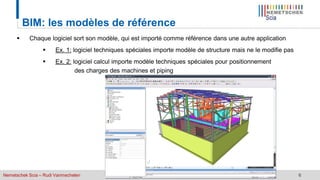 Nemetschek Scia – Rudi Vanmechelen 6
BIM: les modèles de référence
 Chaque logiciel sort son modèle, qui est importé comme référence dans une autre application
 Ex. 1: logiciel techniques spéciales importe modèle de structure mais ne le modifie pas
 Ex. 2: logiciel calcul importe modèle techniques spéciales pour positionnement
des charges des machines et piping
 