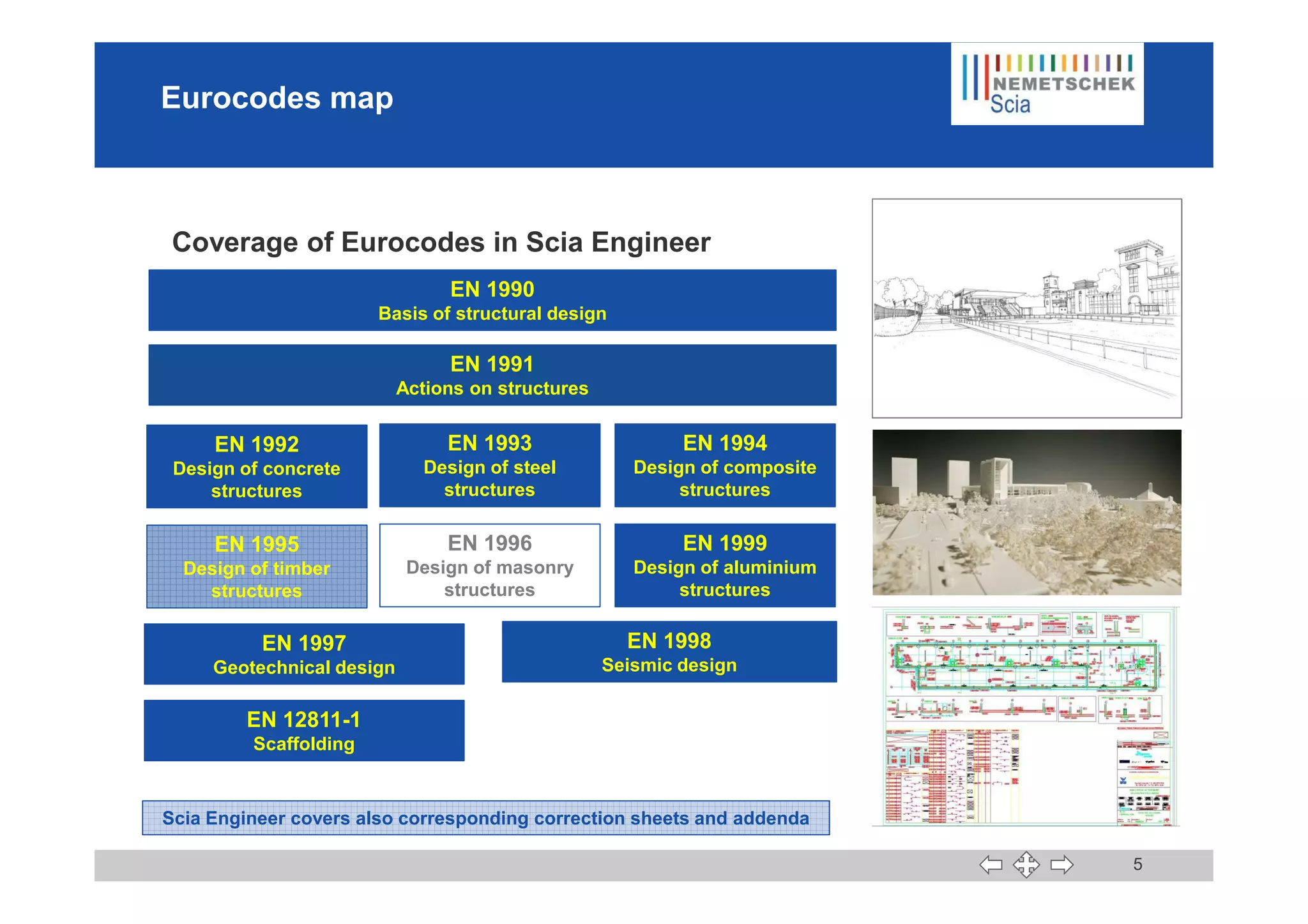 Eurocodes map
EN 1990
Basis of structural design
EN 1991
Actions on structures
EN 1992
Design of concrete
EN 1993
Design of steel
EN 1994
Design of composite
Coverage of Eurocodes in Scia Engineer
5
Design of concrete
structures
Design of steel
structures
Design of composite
structures
EN 1995
Design of timber
structures
EN 1996
Design of masonry
structures
EN 1999
Design of aluminium
structures
EN 1997
Geotechnical design
EN 1998
Seismic design
EN 12811-1
Scaffolding
Scia Engineer covers also corresponding correction sheets and addenda
 