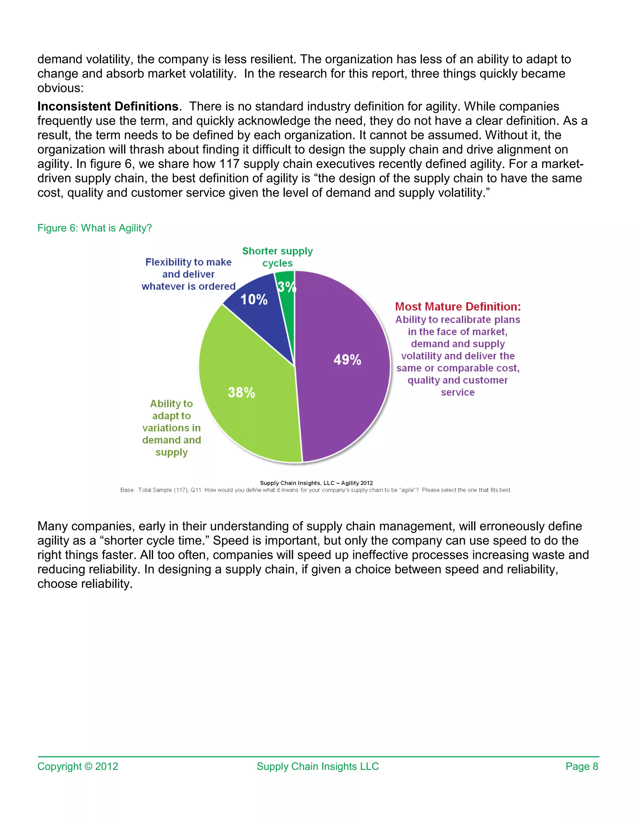 demand volatility, the company is less resilient. The organization has less of an ability to adapt to
change and absorb market volatility. In the research for this report, three things quickly became
obvious:
Inconsistent Definitions. There is no standard industry definition for agility. While companies
frequently use the term, and quickly acknowledge the need, they do not have a clear definition. As a
result, the term needs to be defined by each organization. It cannot be assumed. Without it, the
organization will thrash about finding it difficult to design the supply chain and drive alignment on
agility. In figure 6, we share how 117 supply chain executives recently defined agility. For a market-
driven supply chain, the best definition of agility is “the design of the supply chain to have the same
cost, quality and customer service given the level of demand and supply volatility.”

Figure 6: What is Agility?




Many companies, early in their understanding of supply chain management, will erroneously define
agility as a “shorter cycle time.” Speed is important, but only the company can use speed to do the
right things faster. All too often, companies will speed up ineffective processes increasing waste and
reducing reliability. In designing a supply chain, if given a choice between speed and reliability,
choose reliability.




Copyright © 2012                         Supply Chain Insights LLC                                Page 8
 
