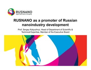 RUSNANO as a promoter of Russian
   nanoindustry development
  Prof. Sergey Kalyuzhnyi, Head of Department of Scientific &
     Technical Expertise, Member of the Executive Board
 