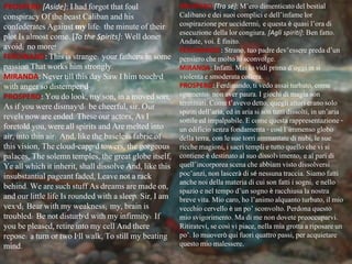 PROSPERO [Aside]: I had forgot that foul
conspiracy Of the beast Caliban and his
confederates Against my life: the minute of their
plot Is almost come. [To the Spirits]: Well done!
avoid; no more!
FERDINAND: This is strange: your father's in some
passion That works him strongly.
MIRANDA: Never till this day Saw I him touch'd
with anger so distemper'd.
PROSPERO: You do look, my son, in a moved sort,
As if you were dismay'd: be cheerful, sir. Our
revels now are ended. These our actors, As I
foretold you, were all spirits and Are melted into
air, into thin air: And, like the baseless fabric of
this vision, The cloud-capp'd towers, the gorgeous
palaces, The solemn temples, the great globe itself,
Ye all which it inherit, shall dissolve And, like this
insubstantial pageant faded, Leave not a rack
behind. We are such stuff As dreams are made on,
and our little life Is rounded with a sleep. Sir, I am
vex'd; Bear with my weakness; my, brain is
troubled: Be not disturb'd with my infirmity: If
you be pleased, retire into my cell And there
repose: a turn or two I'll walk, To still my beating
mind.
PROSPERO [Tra sé]: M’ero dimenticato del bestial
Calibano e dei suoi complici e dell’infame lor
cospirazione per uccidermi; e questa è quasi l’ora di
esecuzione della lor congiura. [Agli spiriti]: Ben fatto.
Andate, voi. È finito.
FERDINANDO: Strano, tuo padre dev’essere preda d’un
pensiero che molto lo sconvolge.
MIRANDA: Infatti. Mai lo vidi prima d’oggi in sì
violenta e smoderata collera.
PROSPERO: Ferdinando, ti vedo assai turbato, come
sgomento: non aver paura. I giochi di magia son
terminati. Come t’avevo detto, quegli attori erano solo
spiriti dell’aria, ed in aria si son tutti dissolti, in un’aria
sottile ed impalpabile. E come questa rappresentazione -
un edificio senza fondamenta - così l’immenso globo
della terra, con le sue torri ammantate di nubi, le sue
ricche magioni, i sacri templi e tutto quello che vi si
contiene è destinato al suo dissolvimento; e al pari di
quell’incorporea scena che abbiam visto dissolversi
poc’anzi, non lascerà di sé nessuna traccia. Siamo fatti
anche noi della materia di cui son fatti i sogni; e nello
spazio e nel tempo d’un sogno è racchiusa la nostra
breve vita. Mio caro, ho l’animo alquanto turbato, il mio
vecchio cervello è un po’ sconvolto. Perdona questo
mio svigorimento. Ma di me non dovete preoccuparvi.
Ritiratevi, se così vi piace, nella mia grotta a riposare un
po’. Io muoverò qui fuori quattro passi, per acquietare
questo mio malessere.
 