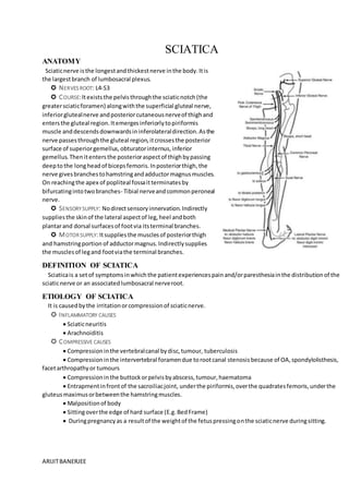 ARIJITBANERJEE
SCIATICA
ANATOMY
Sciaticnerve isthe longestandthickestnerve inthe body.Itis
the largestbranch of lumbosacral plexus.
 NERVES ROOT: L4-S3
 COURSE:Itexiststhe pelvisthroughthe sciaticnotch(the
greatersciaticforamen) alongwiththe superficial gluteal nerve,
inferiorglutealnerve andposteriorcutaneousnerveof thighand
entersthe gluteal region.Itemergesinferiorlytopiriformis
muscle anddescendsdownwardsininferolateraldirection.Asthe
nerve passesthroughthe gluteal region,itcrossesthe posterior
surface of superiorgemellus,obturatorinternus,inferior
gemellus.Thenitentersthe posterioraspectof thighbypassing
deeptothe longheadof bicepsfemoris.Inposteriorthigh,the
nerve givesbranchestohamstringandadductormagnusmuscles.
On reachingthe apex of popliteal fossaitterminatesby
bifurcatingintotwobranches- Tibial nerveandcommonperoneal
nerve.
 SENSORYSUPPLY: Nodirectsensoryinnervation.Indirectly
suppliesthe skinof the lateral aspectof leg,heel andboth
plantarand dorsal surfacesof footvia itsterminal branches.
 MOTOR SUPPLY: Itsuppliesthe musclesof posteriorthigh
and hamstringportion of adductormagnus.Indirectlysupplies
the musclesof legand footviathe terminal branches.
DEFINITION OF SCIATICA
Sciaticais a setof symptomsinwhichthe patientexperiencespainand/orparesthesiainthe distributionof the
sciaticnerve or an associatedlumbosacral nerveroot.
ETIOLOGY OF SCIATICA
It is causedbythe irritationorcompressionof sciaticnerve.
 INFLAMMATORY CAUSES
 Sciaticneuritis
 Arachnoiditis
 COMPRESSIVE CAUSES
 Compressioninthe vertebralcanal bydisc,tumour, tuberculosis
 Compressioninthe intervertebral foramendue torootcanal stenosisbecause of OA,spondylolisthesis,
facetarthropathyor tumours
 Compressioninthe buttockorpelvisbyabscess,tumour,haematoma
 Entrapmentinfrontof the sacroiliacjoint, underthe piriformis,overthe quadratesfemoris,underthe
gluteusmaximusorbetweenthe hamstringmuscles.
 Malpositionof body
 Sittingoverthe edge of hard surface (E.g.BedFrame)
 Duringpregnancyas a resultof the weightof the fetuspressingonthe sciaticnerve duringsitting.
 