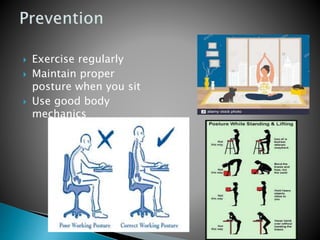  Exercise regularly
 Maintain proper
posture when you sit
 Use good body
mechanics
 