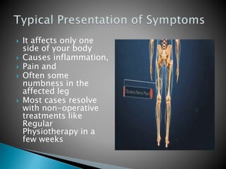  It affects only one
side of your body
 Causes inflammation,
 Pain and
 Often some
numbness in the
affected leg
 Most cases resolve
with non-operative
treatments like
Regular
Physiotherapy in a
few weeks
 