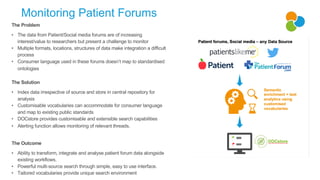 Monitoring Patient Forums
The Problem
• The data from Patient/Social media forums are of increasing
interest/value to researchers but present a challenge to monitor
• Multiple formats, locations, structures of data make integration a difficult
process
• Consumer language used in these forums doesn’t map to standardised
ontologies
The Solution
• Index data irrespective of source and store in central repository for
analysis
• Customisable vocabularies can accommodate for consumer language
and map to existing public standards
• DOCstore provides customisable and extensible search capabilities
• Alerting function allows monitoring of relevant threads.
The Outcome
• Ability to transform, integrate and analyse patient forum data alongside
existing workflows.
• Powerful multi-source search through simple, easy to use interface.
• Tailored vocabularies provide unique search environment
 