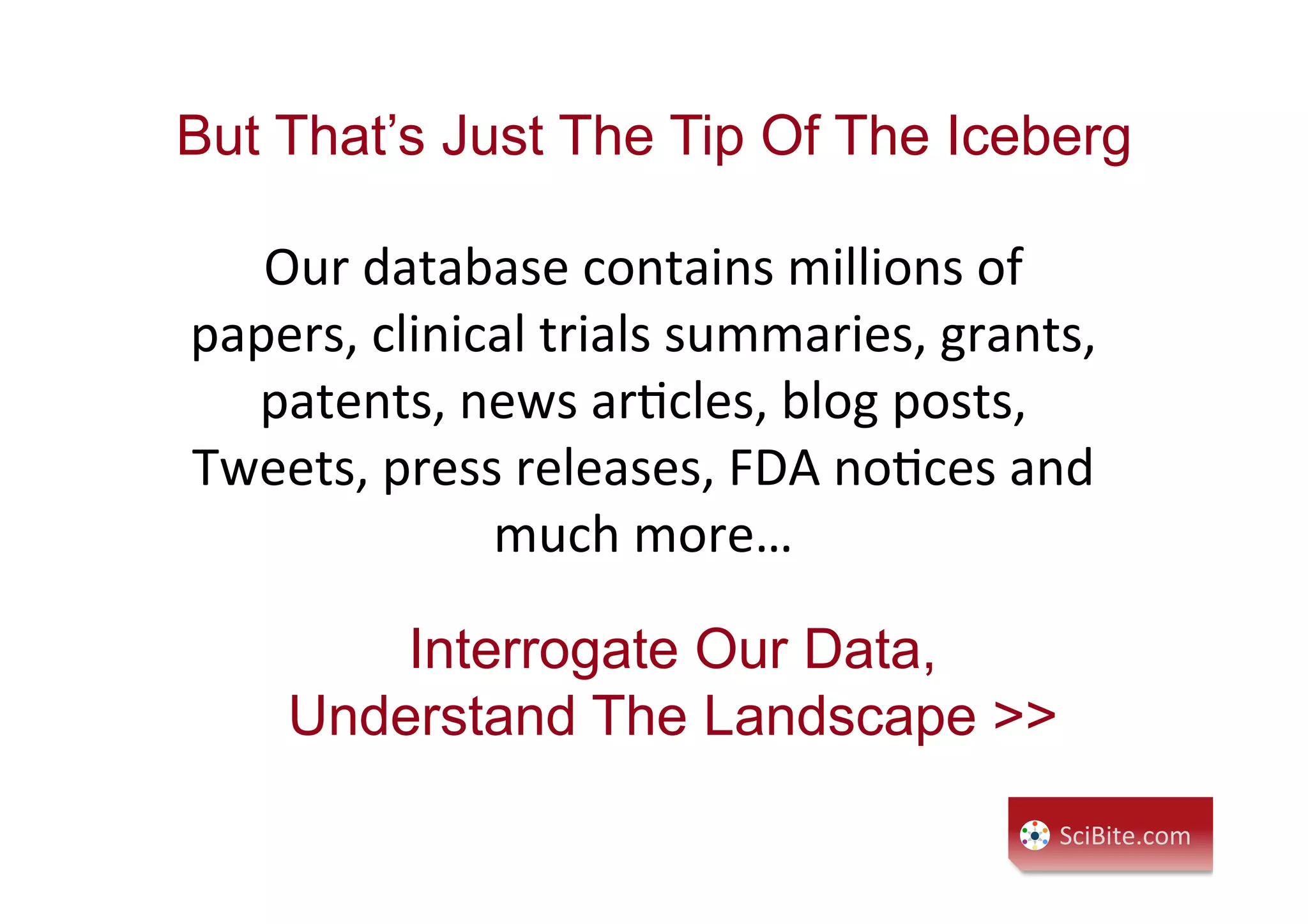 But That’s Just The Tip Of The Iceberg
Our	
  database	
  contains	
  millions	
  of	
  
papers,	
  clinical	
  trials	
  summaries,	
  grants,	
  
patents,	
  news	
  arCcles,	
  blog	
  posts,	
  
Tweets,	
  press	
  releases,	
  FDA	
  noCces	
  and	
  
much	
  more…	
  
SciBite.com	
  
Interrogate Our Data,
Understand The Landscape >>
 