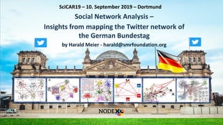 Social Network Analysis –
Insights from mapping the Twitter network of
the German Bundestag
by Harald Meier - harald@smrfoundation.org
SciCAR19 – 10. September 2019 – Dortmund
 