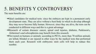 5. BENEFITS Y CONTROVERSY
The main benefits are:
➔Ideal candidates for medical tests: since the embryos are kept in a permanent early
development state. They are alive without a host body in which to develop although
they may never become fully human. However, since they are alive, the tests can be
conducted in different ways and this is a great advantage
➔Research of certain diseases: cancer, spinal cord injuries, diabetes, Parkinson's,
Alzheimer's and schizophrenia may benefit from this research.
➔Not tested on humans or animals: according to PETA, more than 70 million animals
are killed, blinded or are injured in other ways by the medical tests that performed
them each year. Research with embryonic stem cells will help to reduce this
number.
 