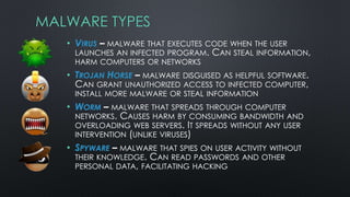 MALWARE TYPES
• VIRUS – MALWARE THAT EXECUTES CODE WHEN THE USER
LAUNCHES AN INFECTED PROGRAM. CAN STEAL INFORMATION,
HARM COMPUTERS OR NETWORKS
• TROJAN HORSE – MALWARE DISGUISED AS HELPFUL SOFTWARE.
CAN GRANT UNAUTHORIZED ACCESS TO INFECTED COMPUTER,
INSTALL MORE MALWARE OR STEAL INFORMATION
• WORM – MALWARE THAT SPREADS THROUGH COMPUTER
NETWORKS. CAUSES HARM BY CONSUMING BANDWIDTH AND
OVERLOADING WEB SERVERS. IT SPREADS WITHOUT ANY USER
INTERVENTION (UNLIKE VIRUSES)
• SPYWARE – MALWARE THAT SPIES ON USER ACTIVITY WITHOUT
THEIR KNOWLEDGE. CAN READ PASSWORDS AND OTHER
PERSONAL DATA, FACILITATING HACKING
 