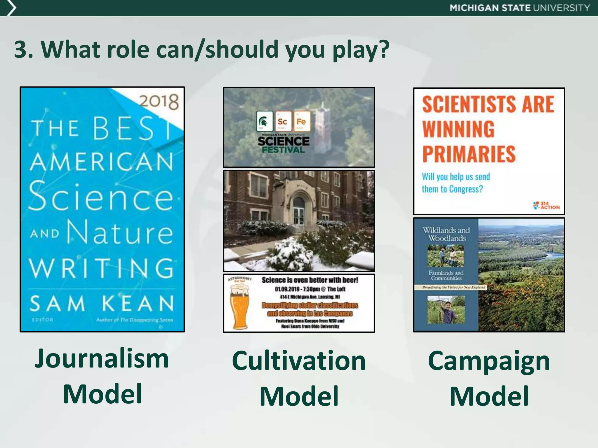Campaign
Model
Journalism
Model
Cultivation
Model
3. What role can/should you play?