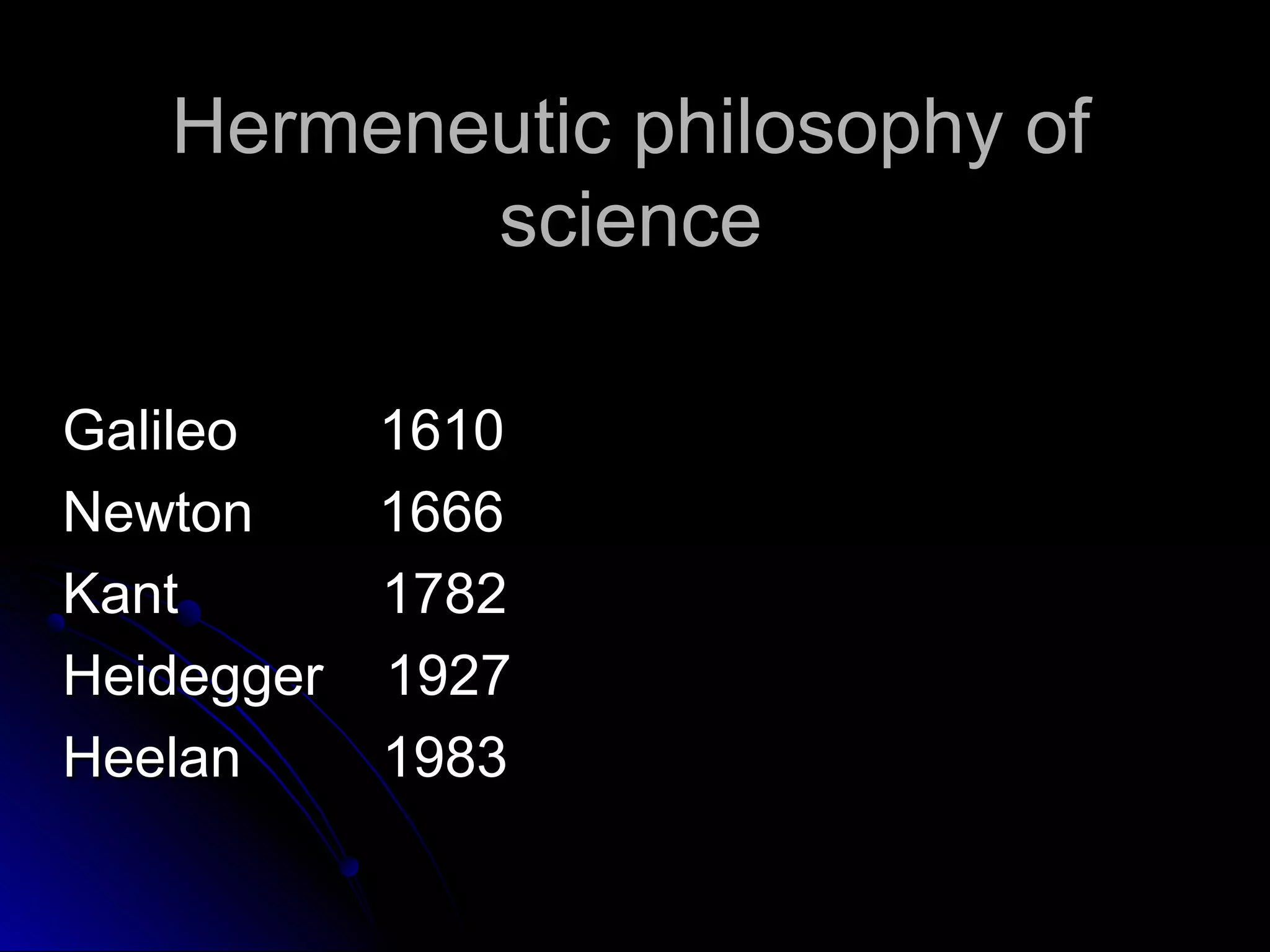 Hermeneutic philosophy ofHermeneutic philosophy of
sciencescience
Galileo 1610Galileo 1610
Newton 1666Newton 1666
Kant 1782Kant 1782
Heidegger 1927Heidegger 1927
Heelan 1983Heelan 1983
 