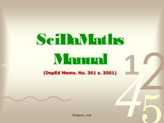 4210011 0010 1010 1101 0001 0100 1011
Richpaul_rock
SciDaMaths
Manual
(DepEd Memo. No. 361 s. 2001)(DepEd Memo. No. 361 s. 2001)
 