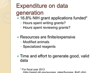 Expenditure on data 
generation 
 16.8% NIH grant applications funded* 
◦ Hours spent writing grants? 
◦ Hours spent revi...