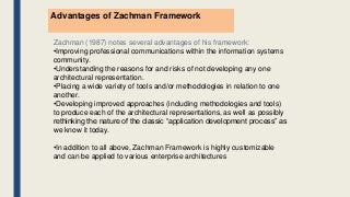 Zachman (1987) notes several advantages of his framework:
•Improving professional communications within the information systems
community.
•Understanding the reasons for and risks of not developing any one
architectural representation.
•Placing a wide variety of tools and/or methodologies in relation to one
another.
•Developing improved approaches (including methodologies and tools)
to produce each of the architectural representations, as well as possibly
rethinking the nature of the classic “application development process” as
we know it today.
•In addition to all above, Zachman Framework is highly customizable
and can be applied to various enterprise architectures
Advantages of Zachman Framework
 