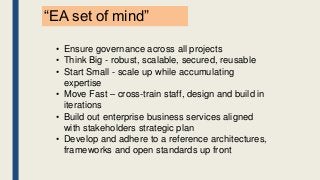 • Ensure governance across all projects
• Think Big - robust, scalable, secured, reusable
• Start Small - scale up while accumulating
expertise
• Move Fast – cross-train staff, design and build in
iterations
• Build out enterprise business services aligned
with stakeholders strategic plan
• Develop and adhere to a reference architectures,
frameworks and open standards up front
“EA set of mind”
 