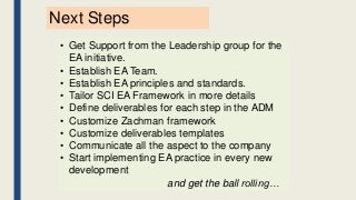 Next Steps
• Get Support from the Leadership group for the
EA initiative.
• Establish EA Team.
• Establish EA principles and standards.
• Tailor SCI EA Framework in more details
• Define deliverables for each step in the ADM
• Customize Zachman framework
• Customize deliverables templates
• Communicate all the aspect to the company
• Start implementing EA practice in every new
development
and get the ball rolling…
 