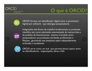 4
O que é ORCID?
ORCID fornece um identificador digital único e persistente -
legível por software - que distingue pesquisadores
Integrações dos fluxos de trabalho fundamentais na produçāo
científica, tais como submissão automatizada de manuscritos e
de pedidos de financiamento, sistema articulado entre
pesquisadores, sua produçāo, atividades profissionais e
filiaçōes , garantindo que pesquisas sejam adequadamente
atribuídas e localizáveis
ORCID serve como um hub que permite leitura óptica entre
os identificadores, organizações, obras e IDs
 